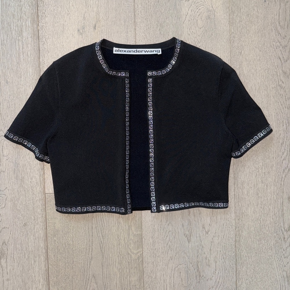 Alexander Wang Black Cropped Knit Cardigan with Logo Trim